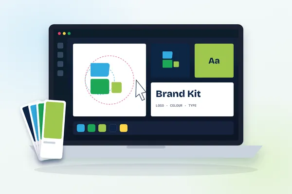 Laptop showing logo design and brand kit with colour swatches
