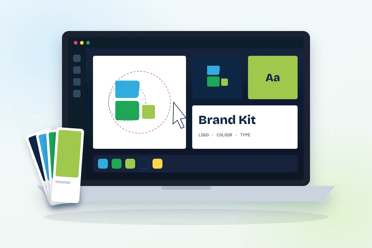 Laptop showing logo design and brand kit with colour swatches